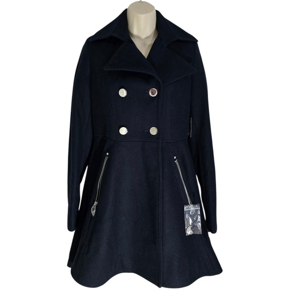 Liz Claiborne Navy Blue Wool Blend Pea Coat Fit Flare Double Breasted Small NWT - Picture 3 of 14
